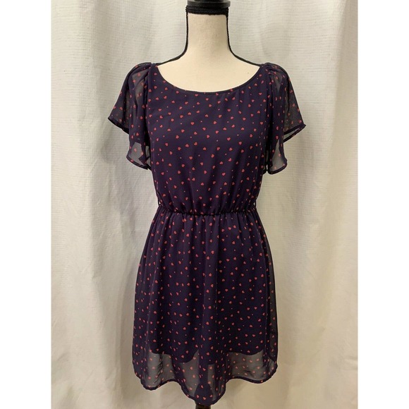 Forever 21 Navy Blue Red Heart Print Dress Blouson Short Sleeve Knee Length S - Picture 1 of 7